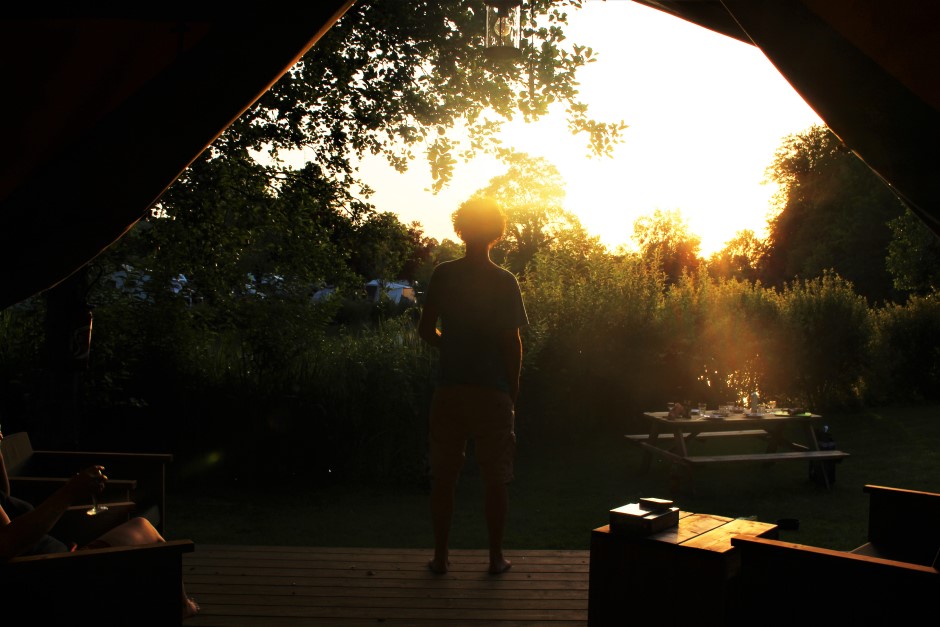 Beautiful relaxing sunset over the lake at Castel Camping Le Brévedent in Normandy, Northern France