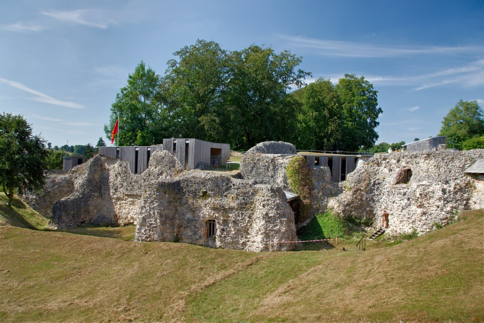 Vue aérienne des ruines du château de Blainville-Crevon entourées de forêt.