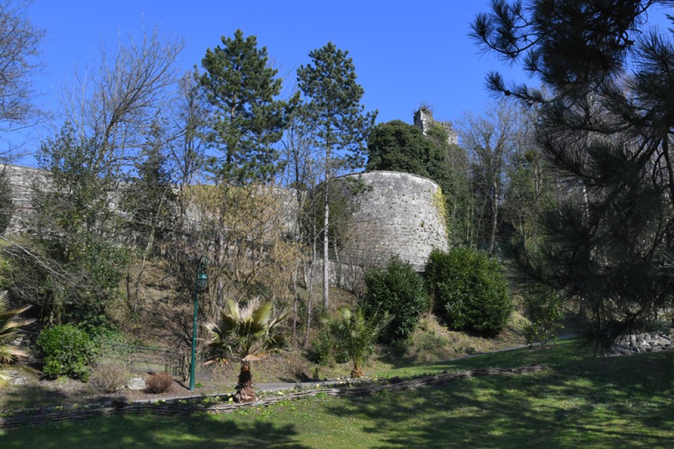 chateau-medieval-lillebonne-rodolphe-corbin-patrimoine-normand Rempart et tour du château médiéval de Lillebonne entourés de végétation.