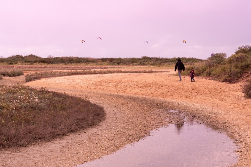 Promenade sur un sentier côtier avec des kitesurfeurs en arrière-plan à Houlgate.